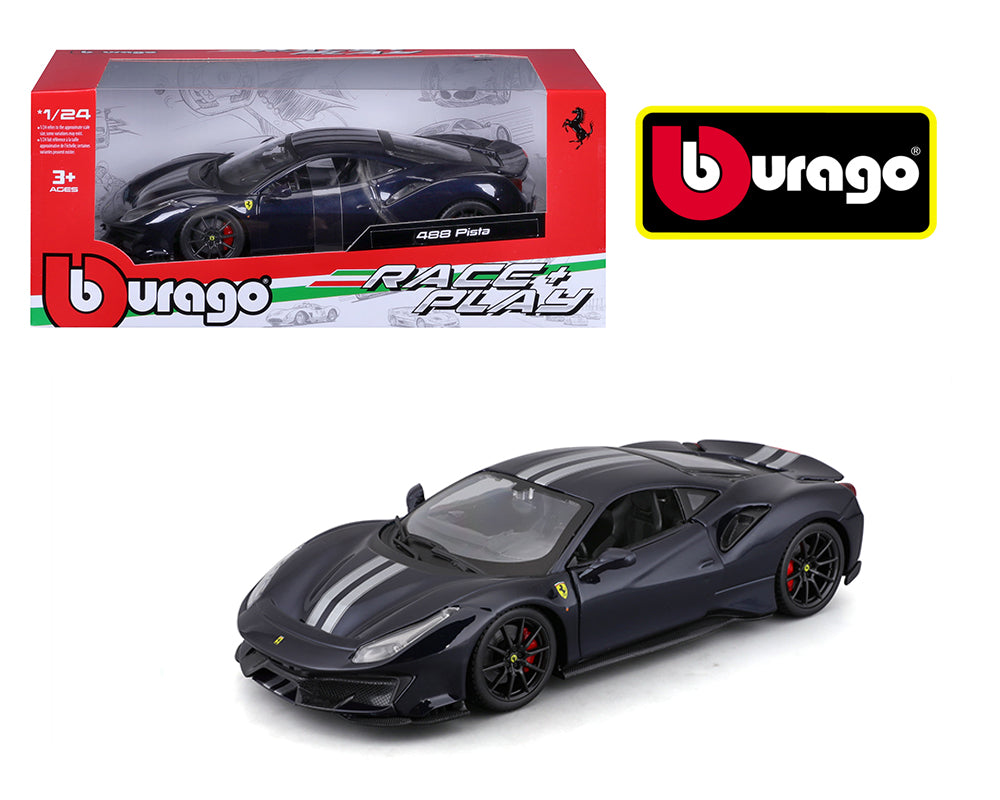 Bburago 1:24 Ferrari 488 Pista – Azul metálico con rayas plateadas – Race and Play