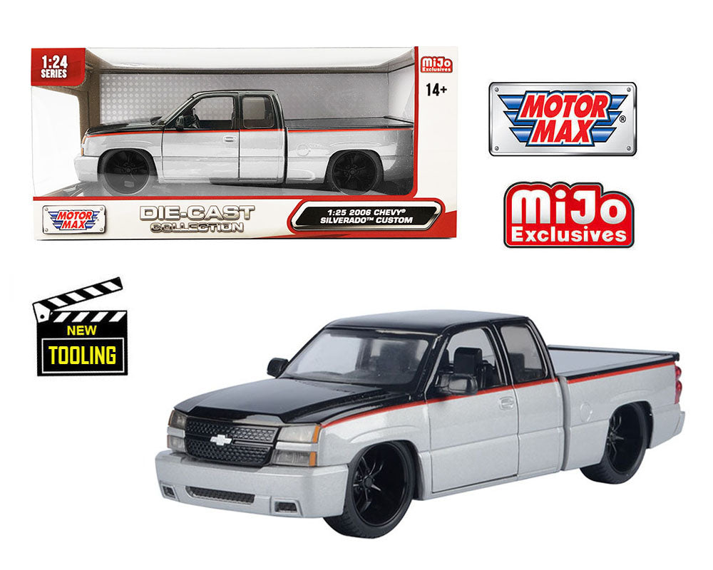 Motormax 1:25 Chevy Silverado Extended Cab 2006 Custom - Plata con negro de dos tonos - Edición limitada exclusiva de Mijo