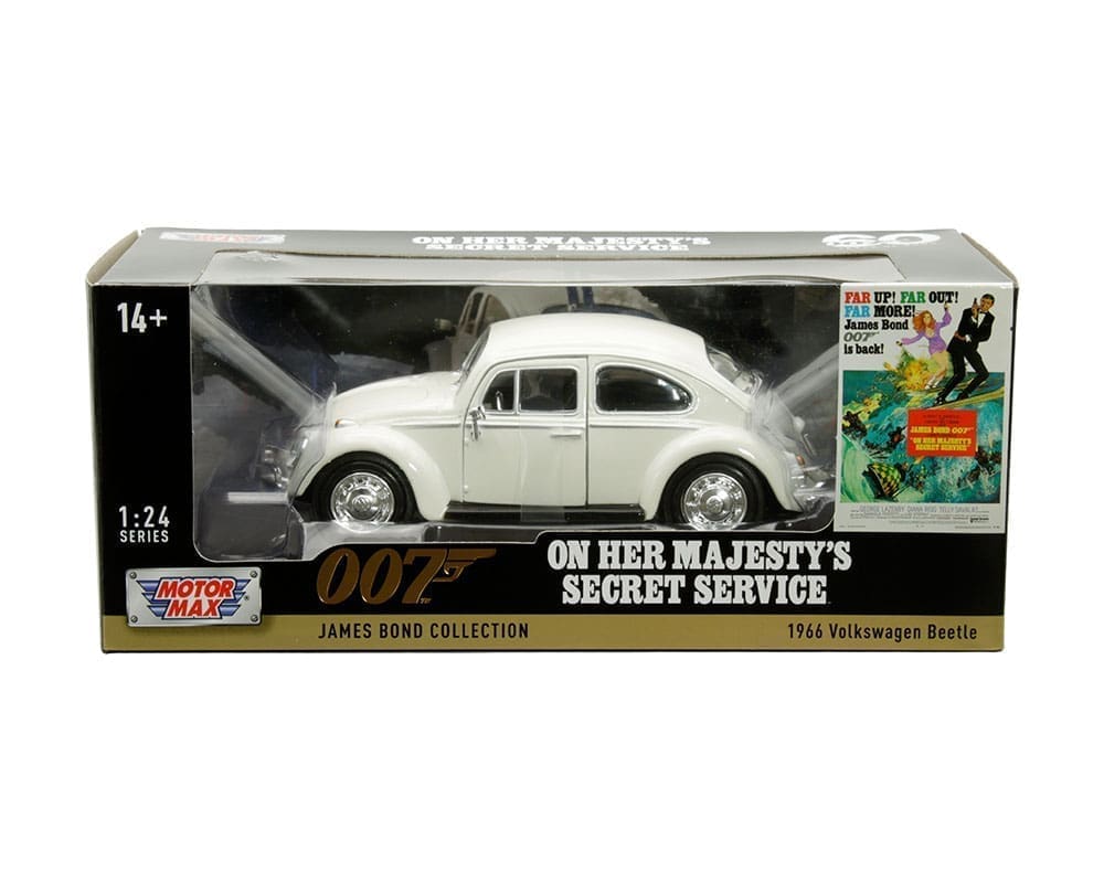 Motormax 1:24 1966 Volkswagen Beetle (Blanco) - Colección 007 James Bond - En el servicio secreto de Su Majestad - 60 años de Bond