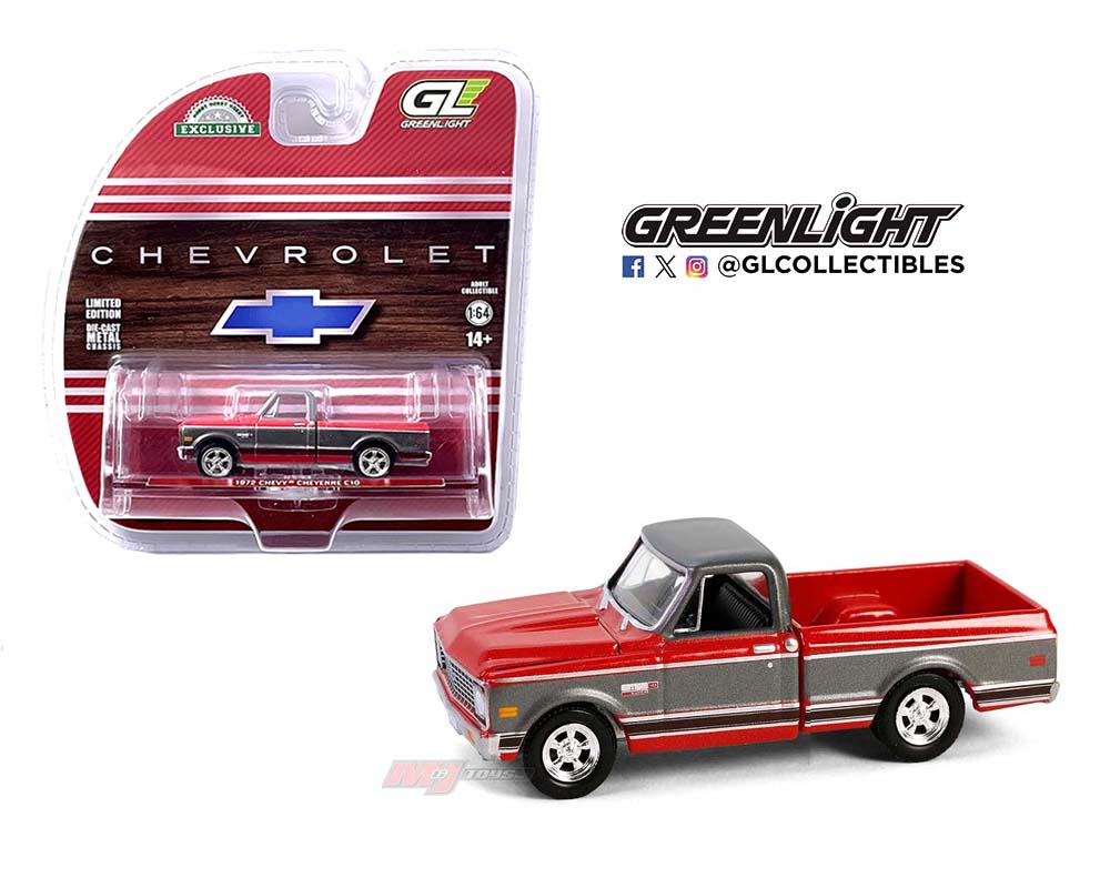 Greenlight 1:64 1972 Chevrolet Cheyenne C10 caja corta – Rojo con gris – Hobby Exclusive