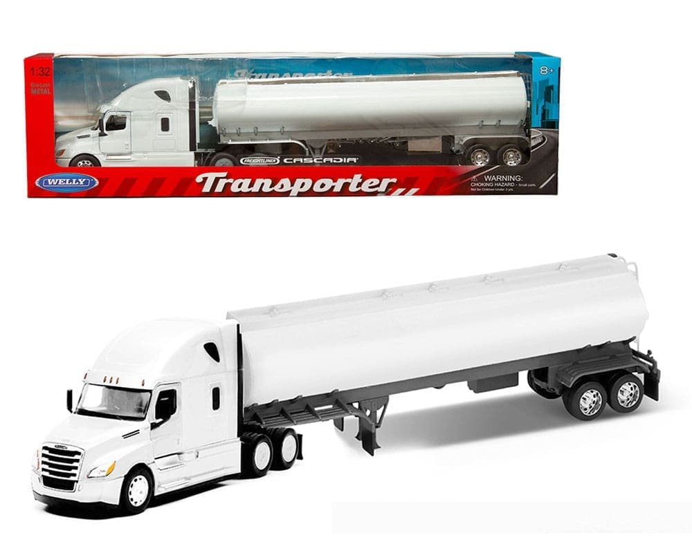 Tanque Welly 1:32 Freightliner Cascadia - Tráiler blanco con tanque blanco liso - Transportador