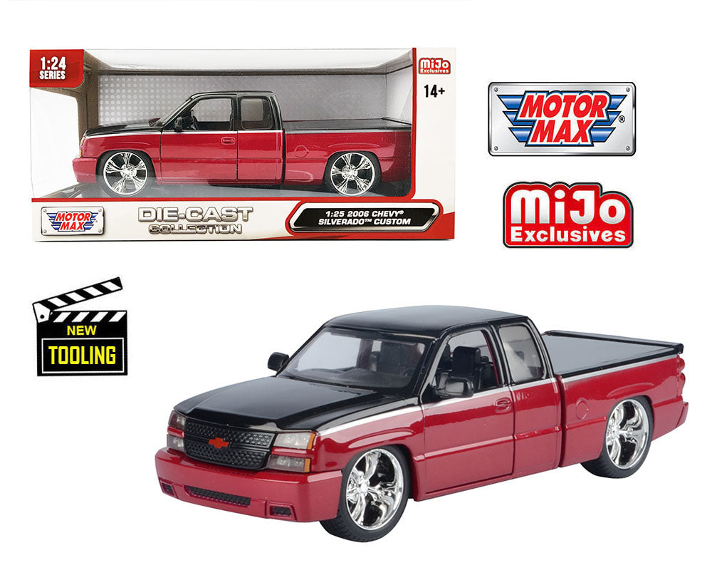 Motormax 1:25 Chevy Silverado Extended Cab 2006 Custom - Rojo con doble tono negro - Edición limitada exclusiva de Mijo