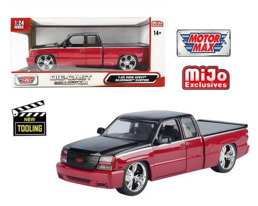 Motormax 1:25 Chevy Silverado Extended Cab 2006 Custom - Rojo con doble tono negro - Edición limitada exclusiva de Mijo