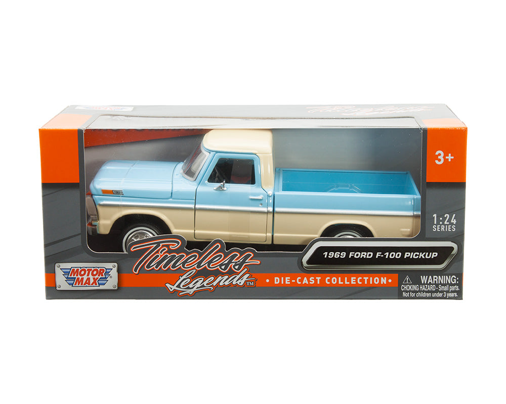 Motormax 1:24 1969 Ford F-100 Pickup - Dos tonos azul claro/blanco - Timeless Legends