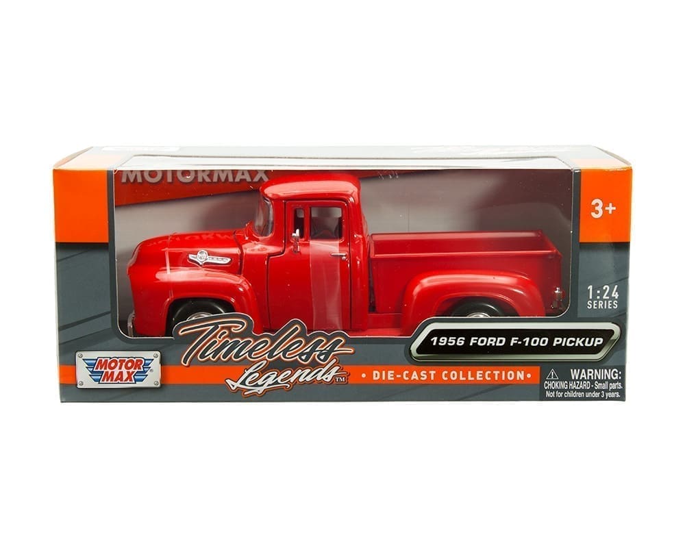 Motormax 1:24 1956 Ford F-100 Pickup – Timeless Legends (Roja con neumáticos negros)