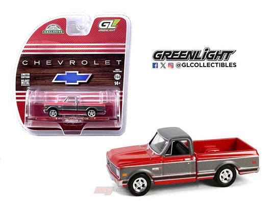 Greenlight 1:64 1972 Chevrolet Cheyenne C10 caja corta – Rojo con gris – Hobby Exclusive