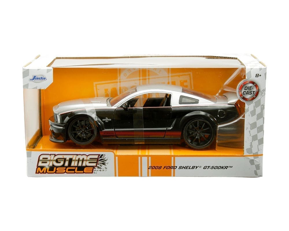 Jada 1:24 2008 Ford Mustang Shelby GT-500KR – Plata y negro con líneas rojas – Bigtime Muscle
