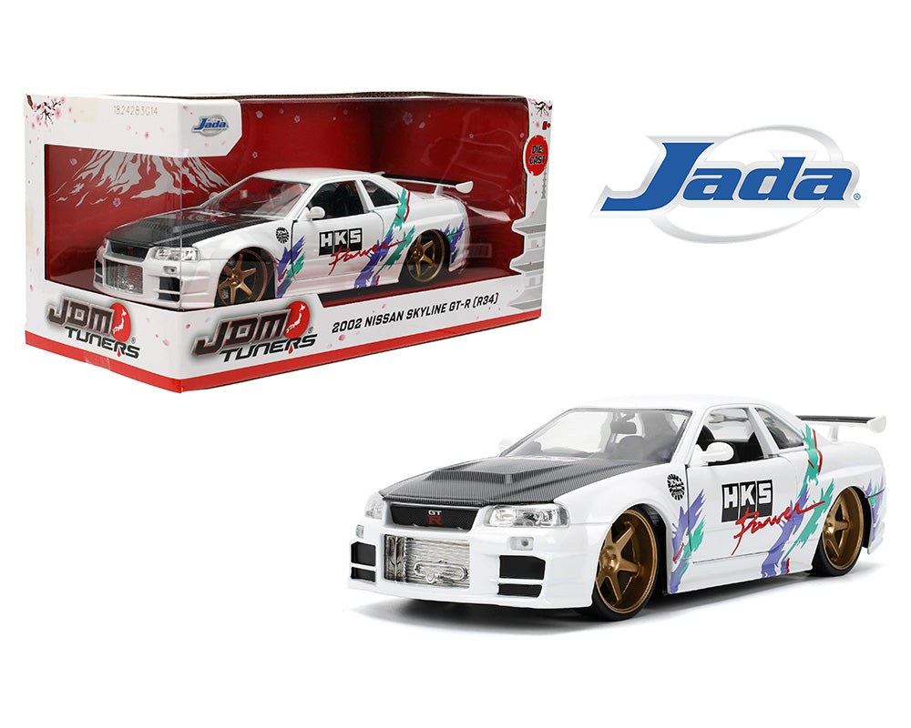 Jada 1:24 - 2002 Nissan Skyline GT-R (R34) - (Blanco con capó de fibra de carbono y gráficos HKS)