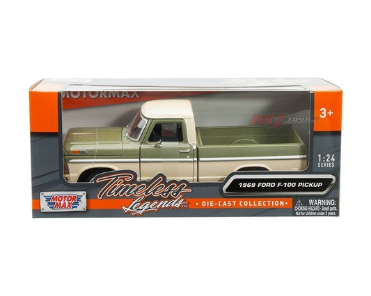 Motormax 1:24 - 1969 Ford F-100 Pickup – Timeless Legends (Verde Oliva/Beige)